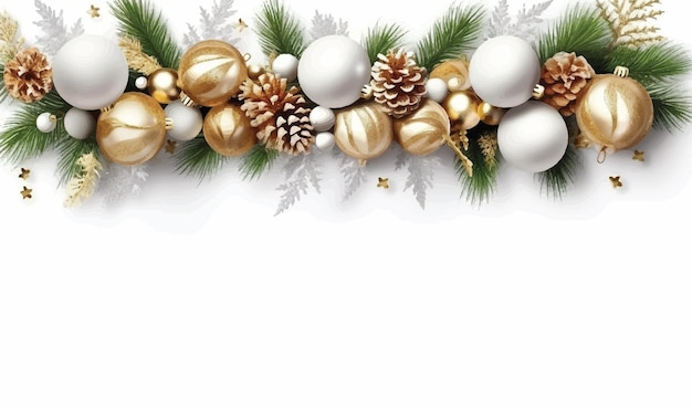 Wintervakantie achtergrond Grens met kerstboomtakken en ornamenten geïsoleerd op wit Fir