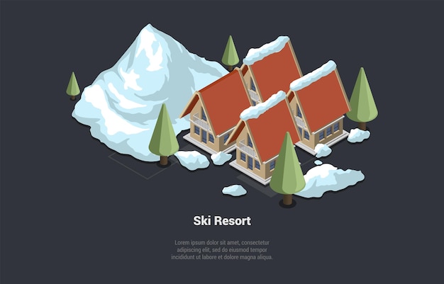 Wintervakantie en familievakanties Concept luxe skiresort Hotel met besneeuwde daken Alpen sparren bergen met besneeuwde piek plaats voor VIP-kerstvakantie isometrische 3D-vectorillustratie