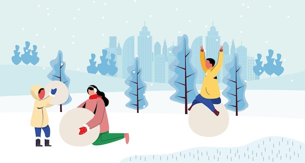 Wintervakantie mensen plezier in sneeuwfamilie die een sneeuwpop maakt, illustratie van het kerstseizoen