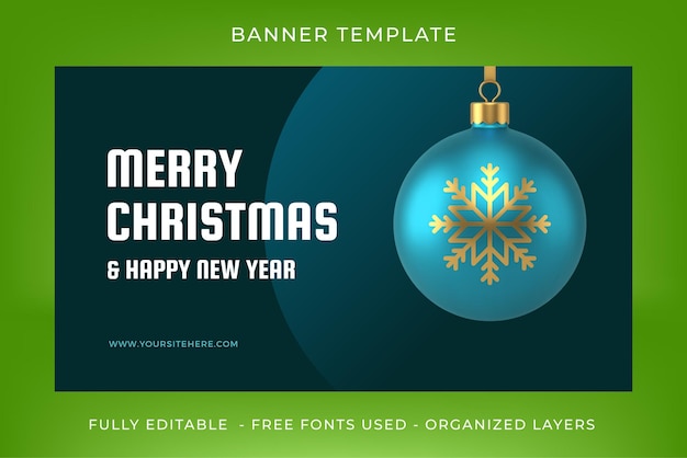Wintervakantie merry christmas premium webbanner sjabloon turquoise bal speelgoed 3d pictogram vector