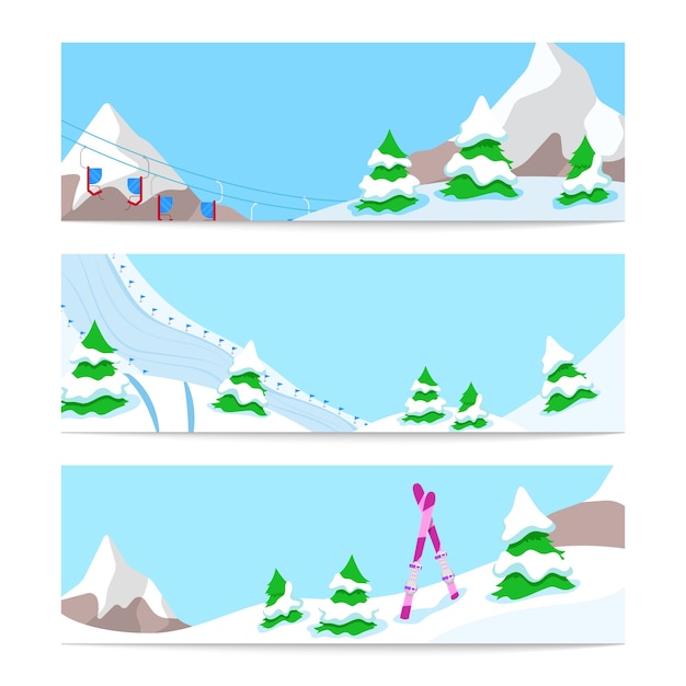 Wintervakantie skiën horizontale banners sjabloon met sneeuw bergafwaarts en bergen. achtergrond