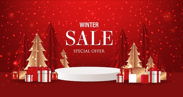 Winterverkoop Poster Podium met dennenboom en geschenkdoos
