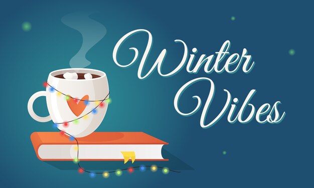 Wintervibes horizontaal versierd met een kopje warme drankboek en slinger gezellige vakantiesfeer midden in de wintervorst kerst- en nieuwjaarsvoorbereidingen