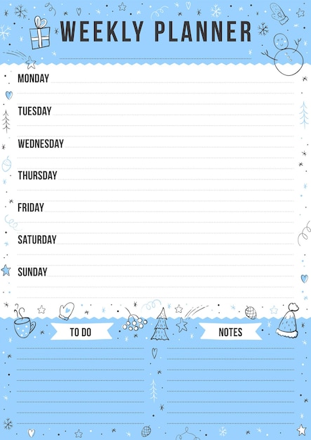 Winterweekplanner met doodle-elementen Sjabloon met plaats voor notities Vectorillustratie