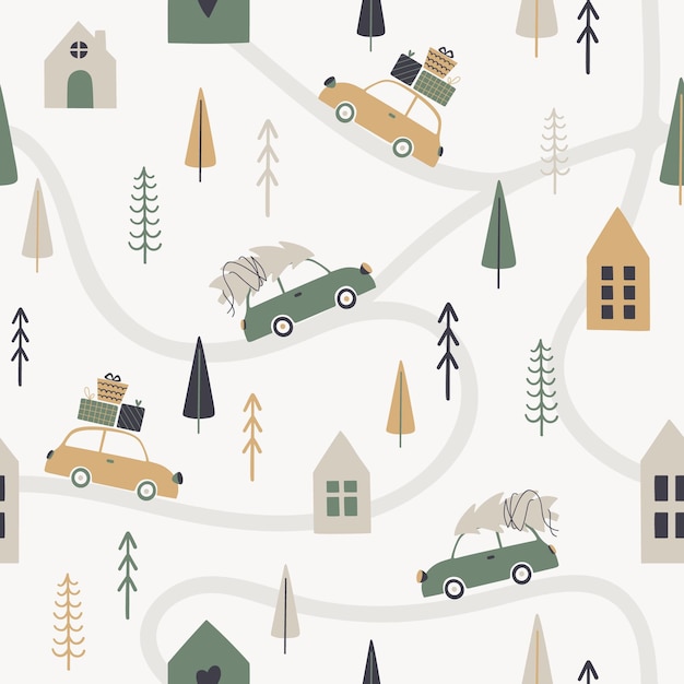 Wintes season seamless pattern in scandinavian style. Illustration of retro cars with gifts and a Christmas tree. Vector template for cards, posters, wrapping paper, textile, wallpaper.