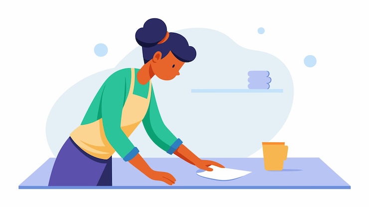 Vector wiping down countertops with gentle circular motions paying attention to every spot and feeling a