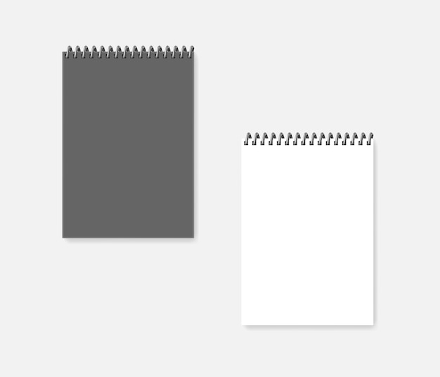 Вектор Пустой макет ноутбука формата а4, связанный проволокой. серая обложка верхнего спирального дневника и макет прозрачной белой страницы
