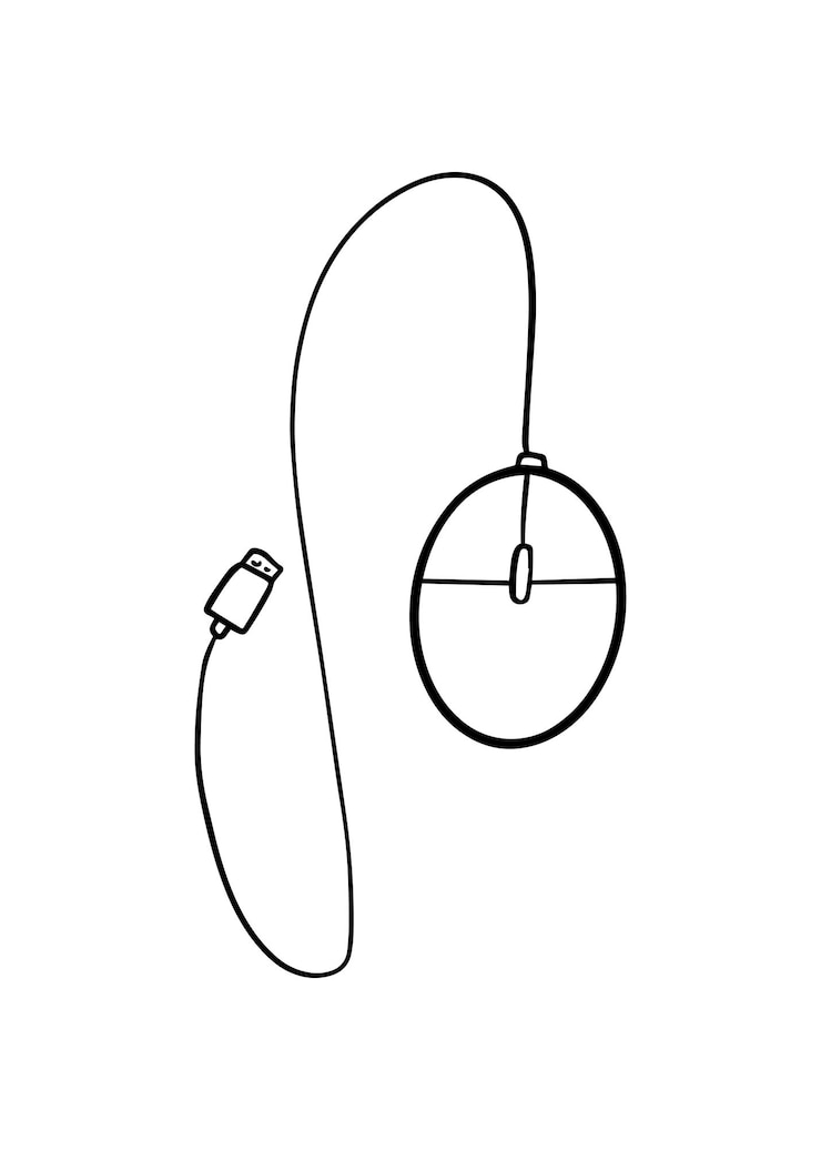Vector wired computer mouse with usb connector technique doodle linear cartoon coloring
