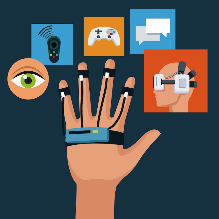 Vector wired sensor glove technology creativity icons