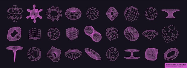 ネオンカラーのワイヤフレーム 3D 形状グリッドとドットで構成されたサイバーパンク要素