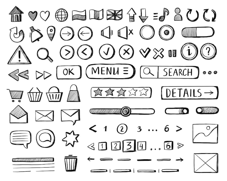 Vector wireframe buttons sketch hand drawn web app ui ux interface wireframed elements website user interface mockup icons for web page application vector isolated set