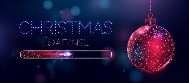 Wireframe Christmas ball and loading bar, low poly style. Merry Christmas and New Year banner. Abstract modern 3d vector illustration on blue background.