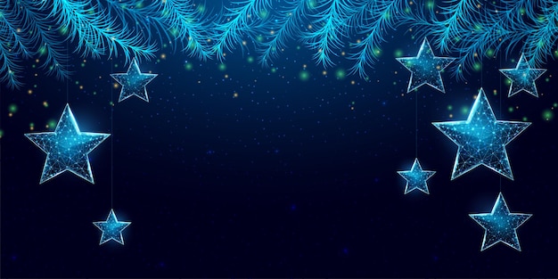 Каркасные рождественские звезды и ветки рождественской елки в низкополигональном стиле новогодний баннер абстрактная современная трехмерная векторная иллюстрация на синем фоне