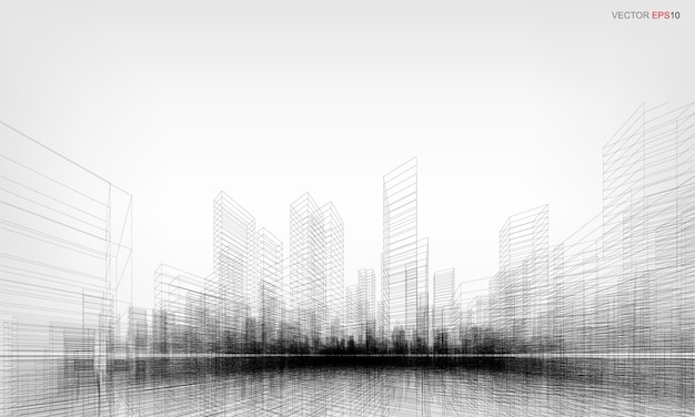 Wireframe city background. perspective 3d render of building wireframe. vector illustration.