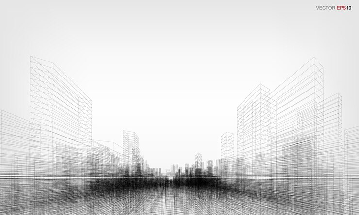 Vector wireframe city background. perspective 3d render of building wireframe. vector illustration.