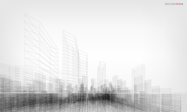 Vector wireframe city background. perspective 3d render of building wireframe. vector illustration.