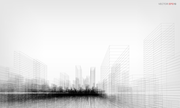 ワイヤーフレーム都市の背景。建物のワイヤーフレームの遠近法による3Dレンダリング。ベクトルイラスト。
