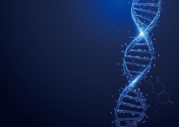 파란색 배경의 별에서 DNA 분자 구조 메쉬의 와이어 프레임 과학 및 기술 개념