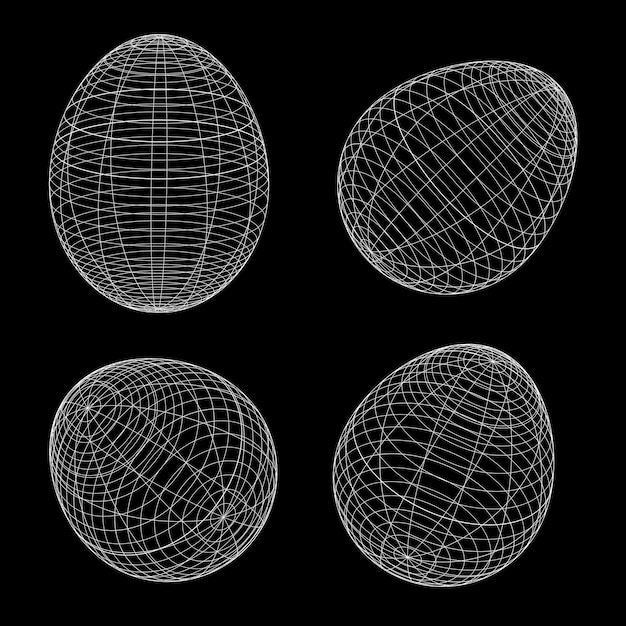 Vector wireframe egg shape set in different positionseaster eggs with wireframe line style 3d shape