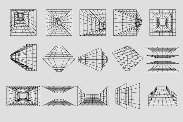 벡터 다른 형태의 와이어 프레임 기하학적 모양 추상 3d 그리드 디자인 보편적인 유행 기하학적