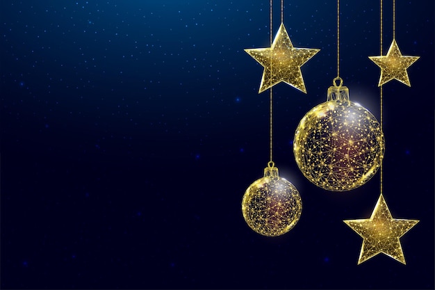 Wireframe gold stars and balls, low poly style. banner for the concept of christmas or new year with a place for an inscription. abstract modern 3d vector illustration on blue background.