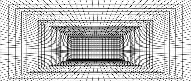 Vector wireframe grid room 3d perspective background futuristic digital outline space black and white
