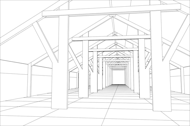 Wireframe industrial building indoor on the white Tracing illustration of 3d