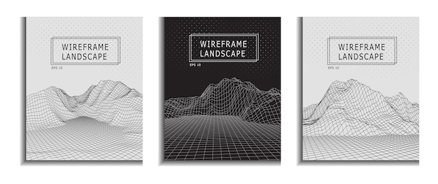 Wireframe landscape cover. Poster. Abstract vector illustration. Brochure design. 3d grid