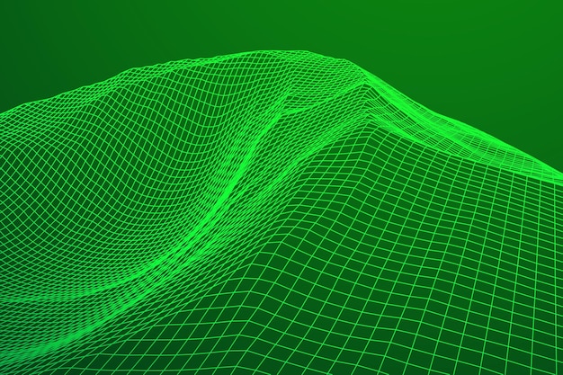 Sfondo vettoriale del paesaggio wireframe illustrazione della tecnologia della griglia del cyberspazio su verde