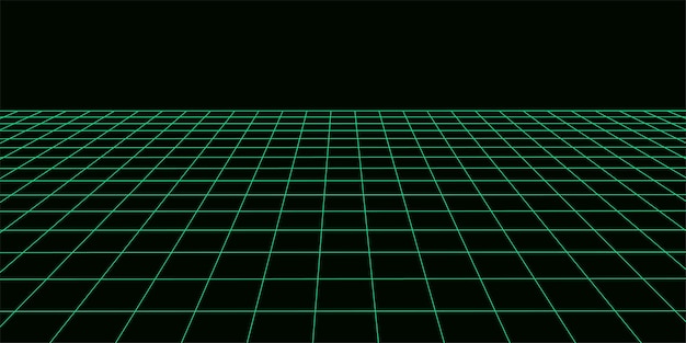 Wireframe landscape Vector perspective grid Digital space Green mesh on a black background