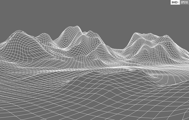Paesaggio wireframe su sfondo bianco sfondo tecnologico vettoriale geometrico astratto sfondo digitale vettoriale 3d