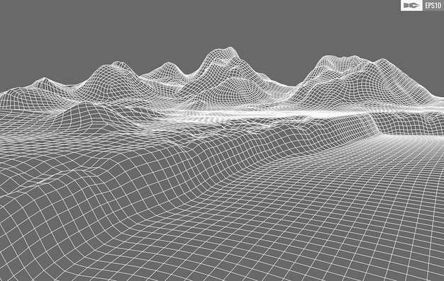 Paesaggio wireframe su sfondo bianco sfondo tecnologico vettoriale geometrico astratto sfondo digitale vettoriale 3d