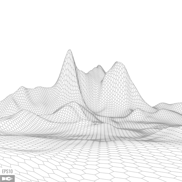 白い背景の上のワイヤーフレームの風景抽象的な幾何学的なベクトル技術の背景3dベクトルデジタル背景