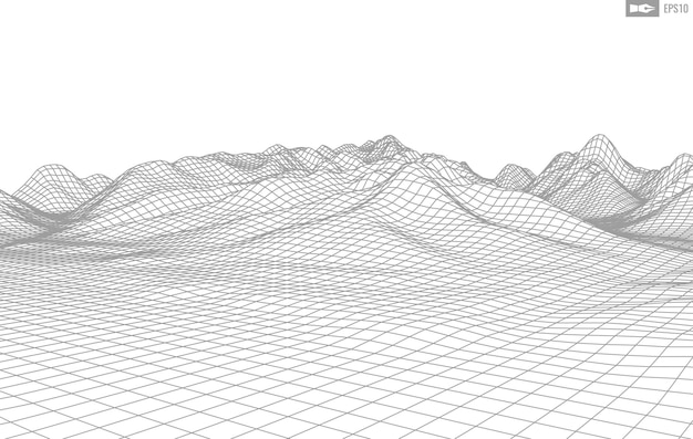 Каркасный пейзаж на белом фоне Абстрактный геометрический векторный технологический фон 3d векторный цифровой фон