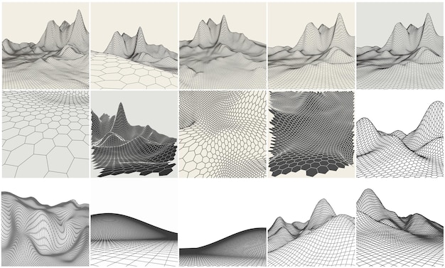 Wireframe landschap achtergronden instellen EPS 10 Vector illustratie Terrein digitale topografie wireframe Mountain data wireframe modellering kaart