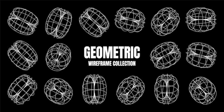Vector wireframe lined shapes perspective mesh d grid low poly geometric elements retro futuristic design