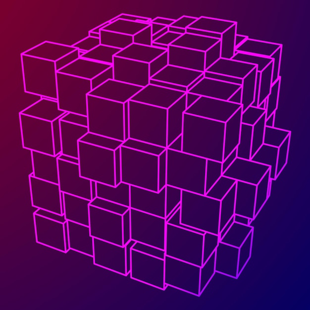 Wireframe mesh big data kubus gemaakt van vele kubussen verbindingsstructuur digitale info visualisatie conc ...