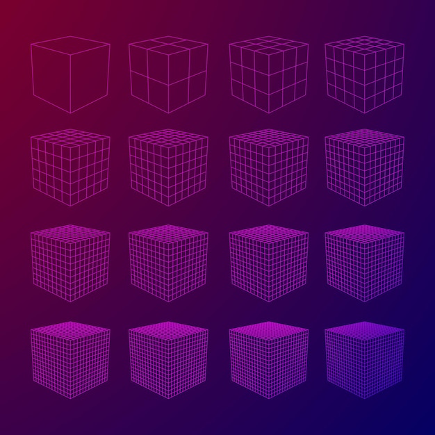 Wireframe mesh cube in differenr resolution connection structure digital data visualization concept ...