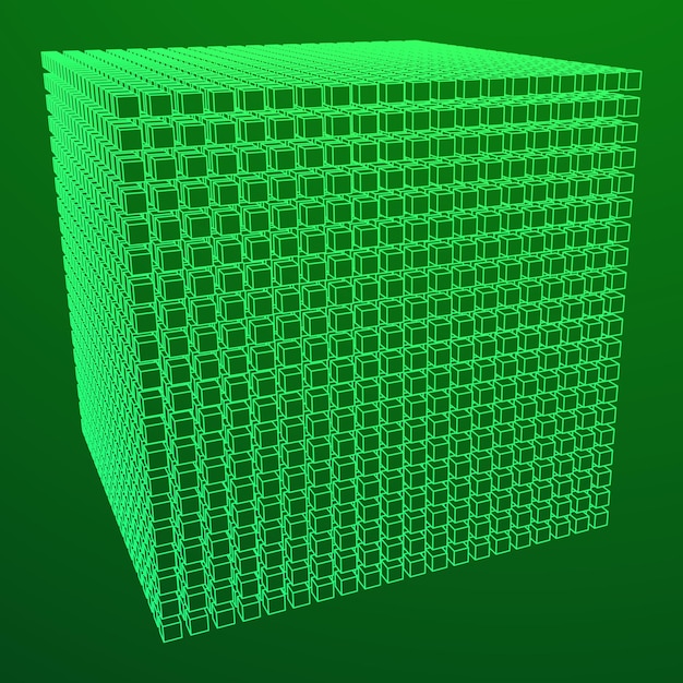 Wireframe mesh cube crea con molti piccoli cubi. struttura di connessione. concetto di visualizzazione dei dati digitali. illustrazione di vettore.