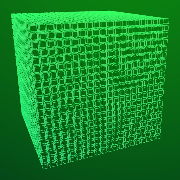 Wireframe mesh cube создайте из множества маленьких кубиков. структура подключения. концепция визуализации цифровых данных. векторные иллюстрации.