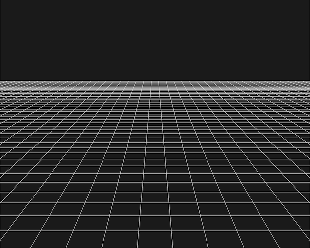 Vector wireframe perspectief raster. witte oneindigheid mesh op zwarte achtergrond, abstracte retro stijl. vector illustratie.