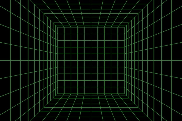 Wireframe perspective cube. 3d wireframe grid room. 3d perspective laser grid. Cyberspace black background with green mesh. Futuristic digital hallway space in virtual reality. Vector illustration