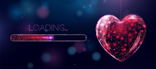 Wireframe red heart and loading bar, low poly style. merry happy valentine's day banner. abstract modern 3d vector illustration on blue background.