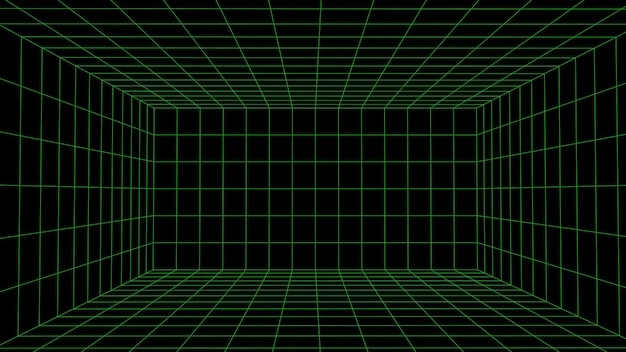 Wireframe room on black background Digital vector perspective grid box for design