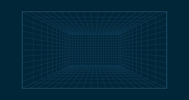 Wireframe room on blue background Perspective grid