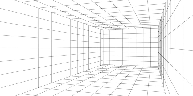 Wireframe room on the white background Vector perspective grid Box with digital space