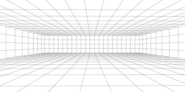 Wireframe room on the white background vector perspective grid box with digital space