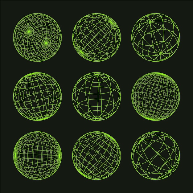 Vector wireframe shapes lined sphere perspective mesh d grid low poly geometric elements retro futuristic