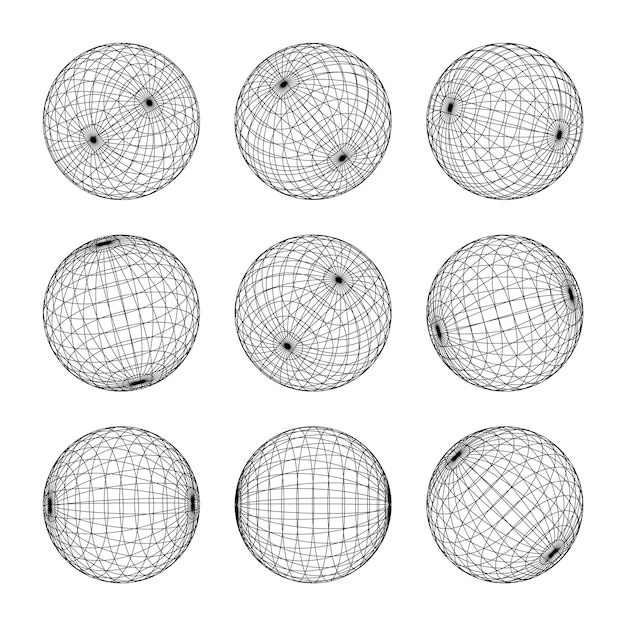 Vector wireframe shapes lined sphere perspective mesh d grid low poly geometric elements retro futuristic