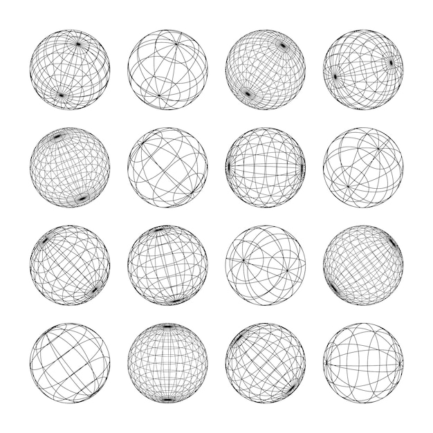 Vector wireframe shapes lined sphere perspective mesh d grid low poly geometric elements retro futuristic